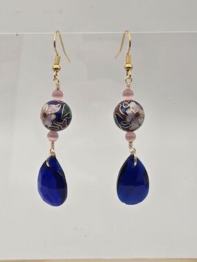 Gold-Tone Cloisonné & Blue Teardrop Dangle Earrings